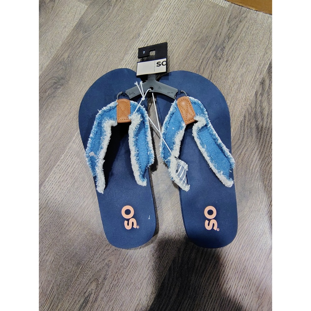 SO Goods for Life Womens Navy Blue Frayed Denim Flip Flop Sandals Size 7 New